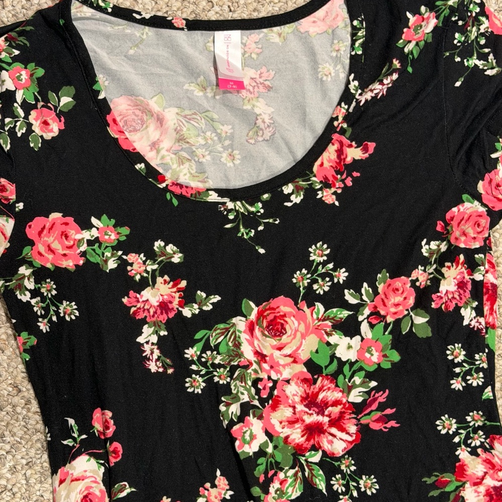 Floral Scoop Neck Women’s Dress- Black with Pink Roses